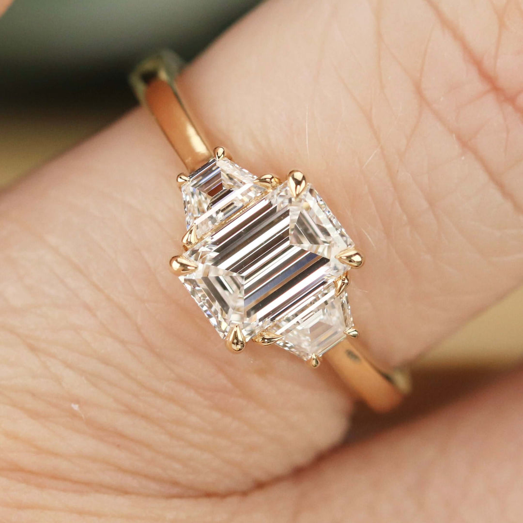 SPECIAL:  MANOR ROYAL:  The Queen Anne - 3 stone 1.40ctw lab grown emerald cut diamond ring in 14k yellow gold