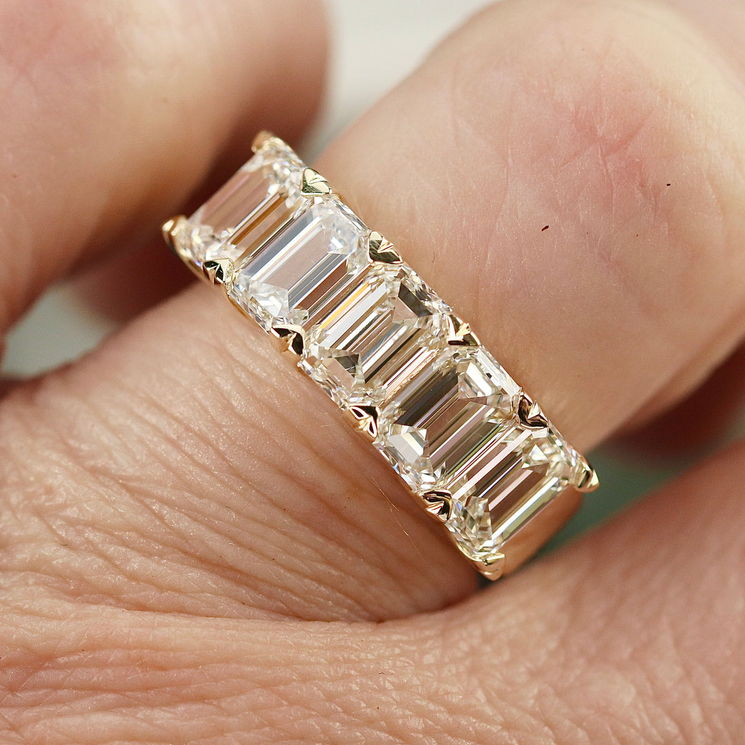 MANOR ROYAL: The Elizabeth ring - Lab grown 4.675ctw 5 stone emerald cut diamond band ring in 14k yellow gold