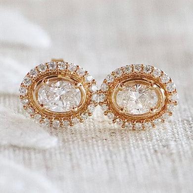 1ctw oval halo Lab Grown Diamond studs in 14k yellow gold