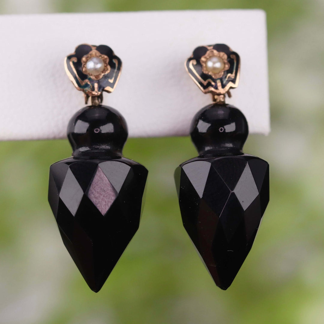 RESERVED: PAYMENT 4 OF 4: Victorian mourning earrings with faceted onyx drops in 14k yellow gold