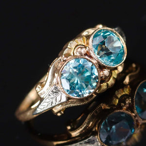 Vintage double blue zircon ring in yellow gold