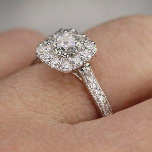 Lab grown diamond halo ring in 14k white gold