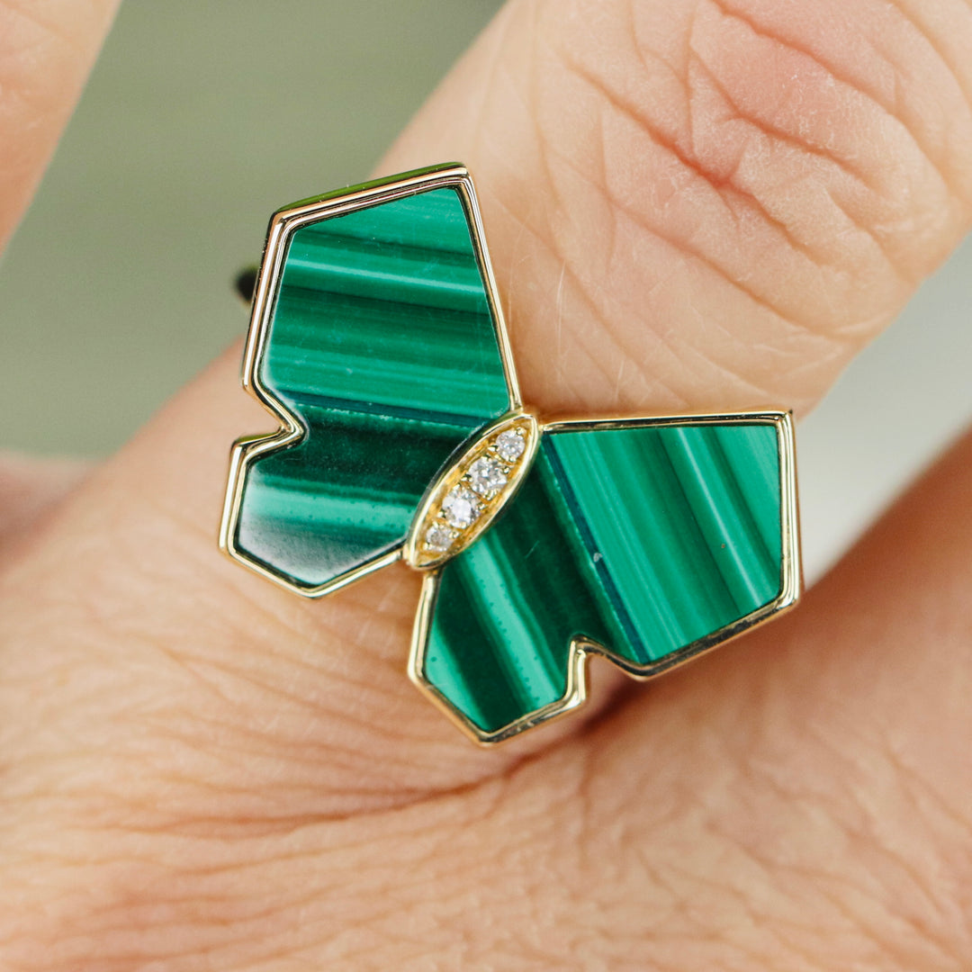 Malachite and diamond butterfly ring in 14k yellow gold by Effy