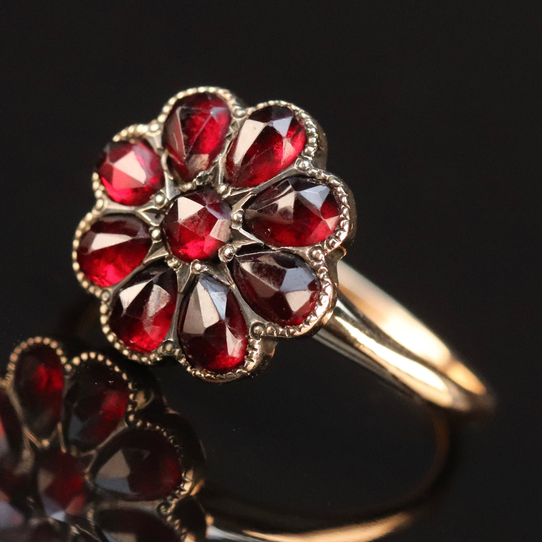 Vintage rose cut Garnet cluster ring in yellow gold