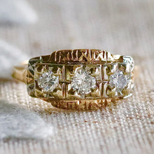 Load image into Gallery viewer, Transitional cut vintage 3 stone diamond band in 14k