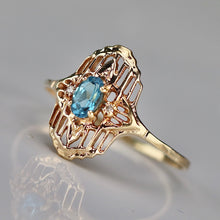 Load image into Gallery viewer, Vintage blue topaz and diamond plaque ring in yellow gold