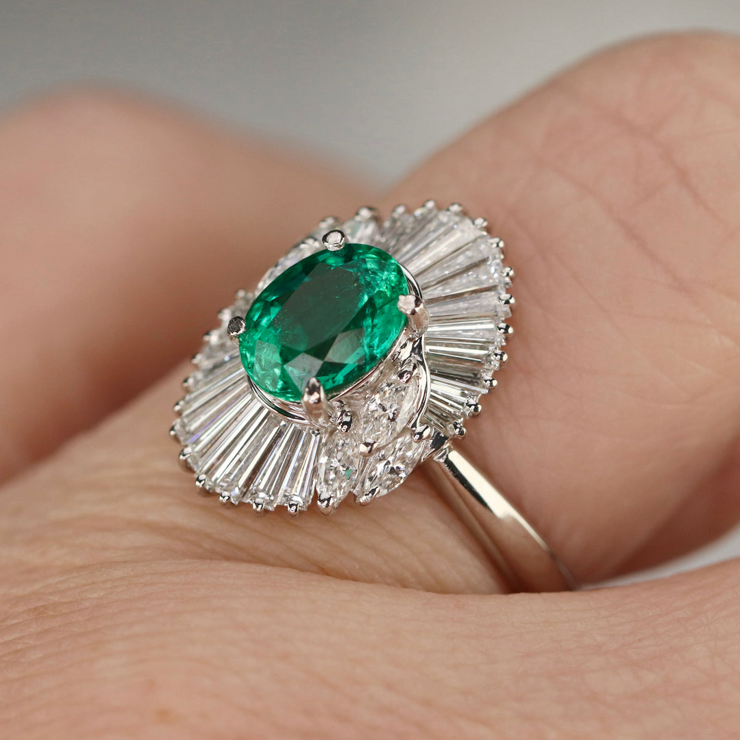 Estate Emerald and diamond ballerina style ring in platinum