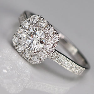 Lab grown diamond halo ring in 14k white gold