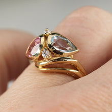 Load image into Gallery viewer, Lab grown pink sapphire and blue spinel in stunning setting of 14k gold