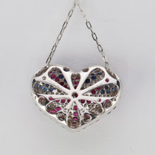 Load image into Gallery viewer, Union Jack heart sapphire, ruby &amp; Diamond necklace in 18k white gold