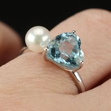 Load image into Gallery viewer, SALE!!  Blue topaz and pearl 2 stone ring in 14k white gold by Effy