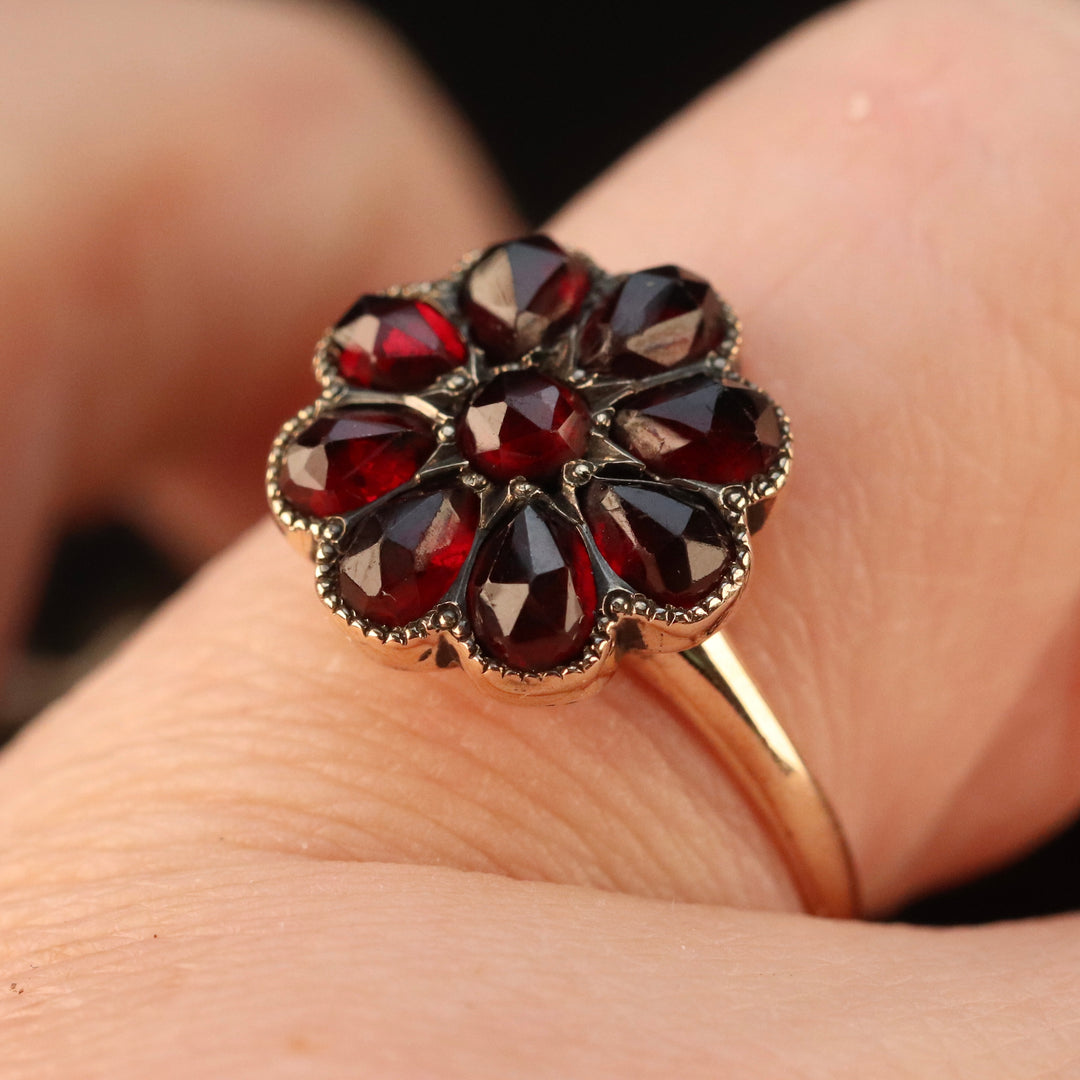 Vintage rose cut Garnet cluster ring in yellow gold