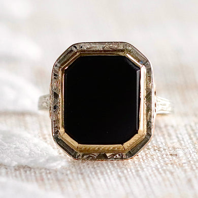 Edwardian onyx ring in yellow and white gold