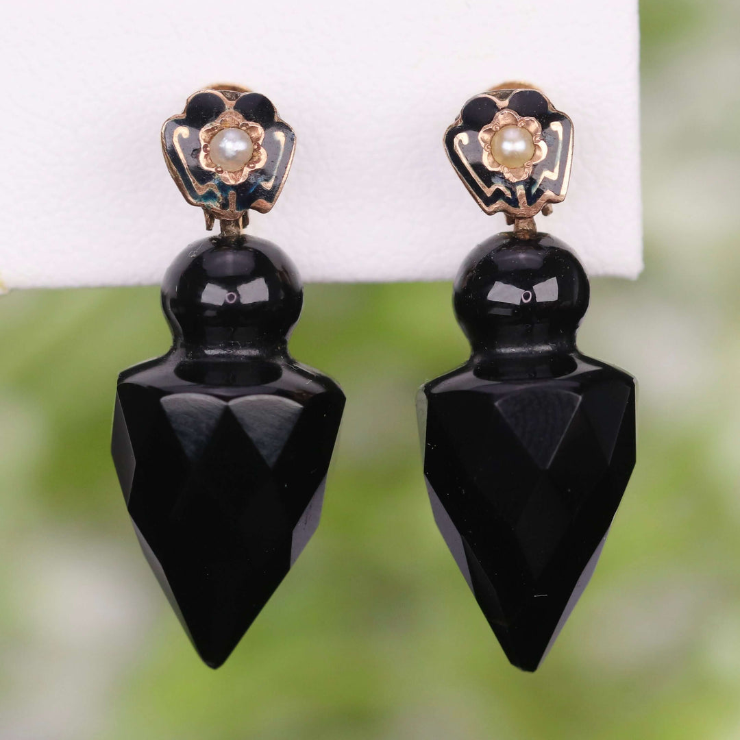 RESERVED: PAYMENT 4 OF 4: Victorian mourning earrings with faceted onyx drops in 14k yellow gold