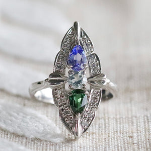 Platinum multi gemstone navette ring