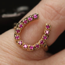 Load image into Gallery viewer, Vintage ring with synthetic rubies in a horseshoe shape in yellow gold