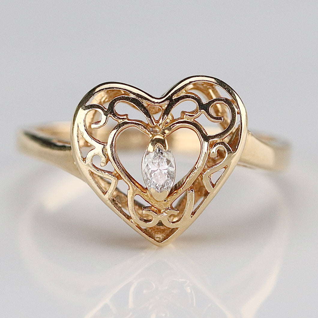 SALE!  Vintage diamond pierced heart ring in 14k yellow gold