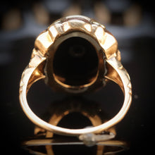 Load image into Gallery viewer, Vintage onyx ring with eastern star motif in tri color gold from Manor Jewels.