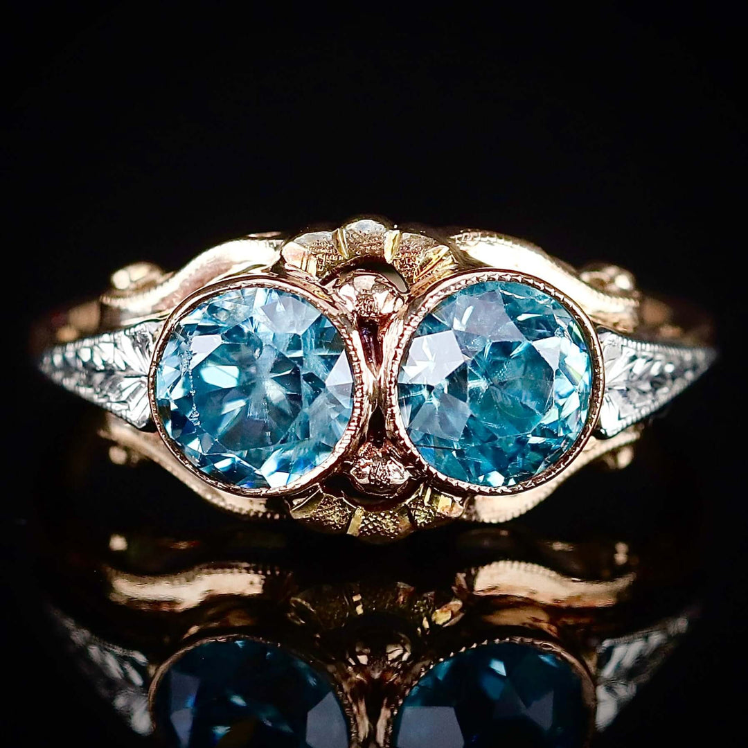 Vintage double blue zircon ring in yellow gold