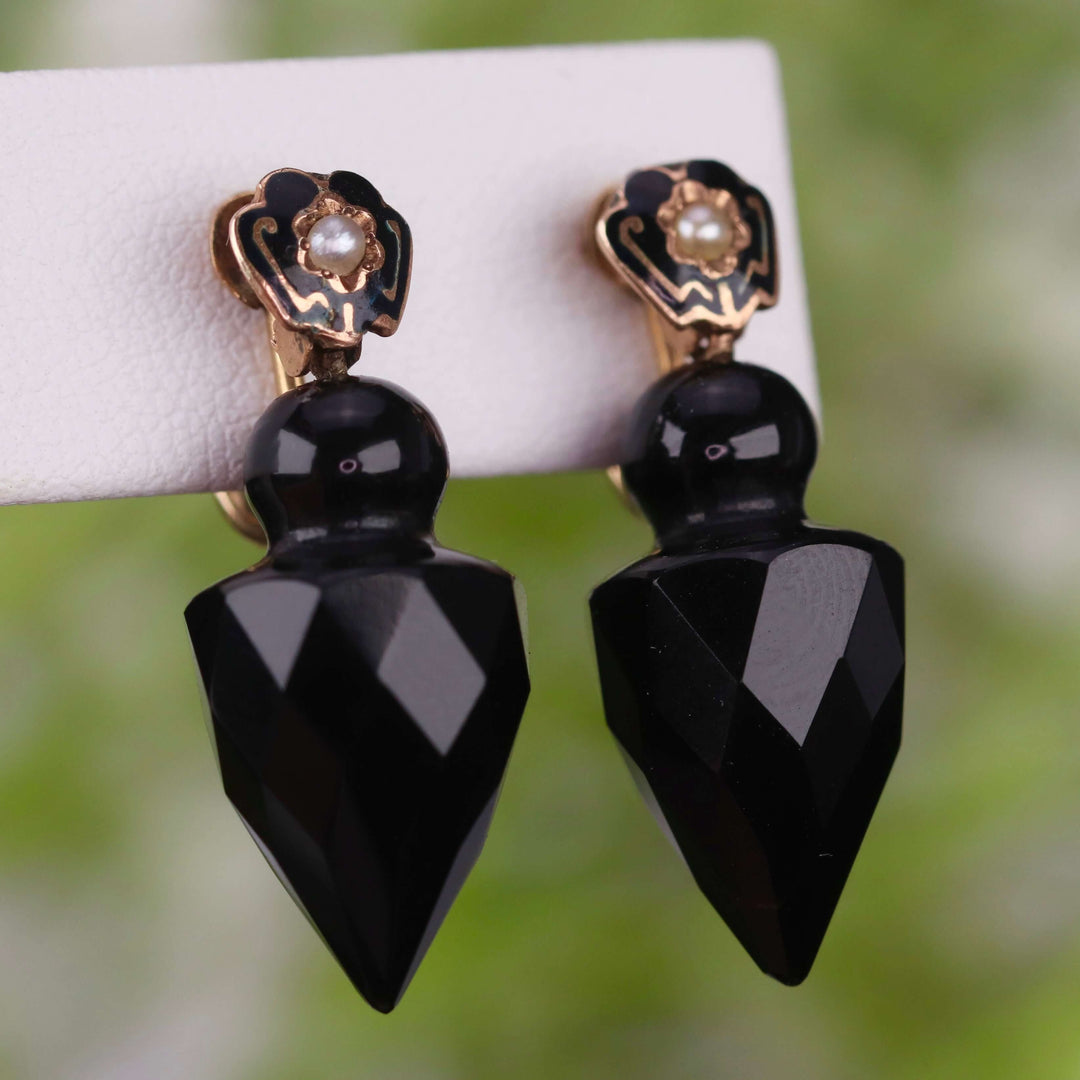 RESERVED: PAYMENT 3 OF 4: Victorian mourning earrings with faceted onyx drops in 14k yellow gold