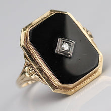 Load image into Gallery viewer, Vintage onyx and diamond ring in yellow gold