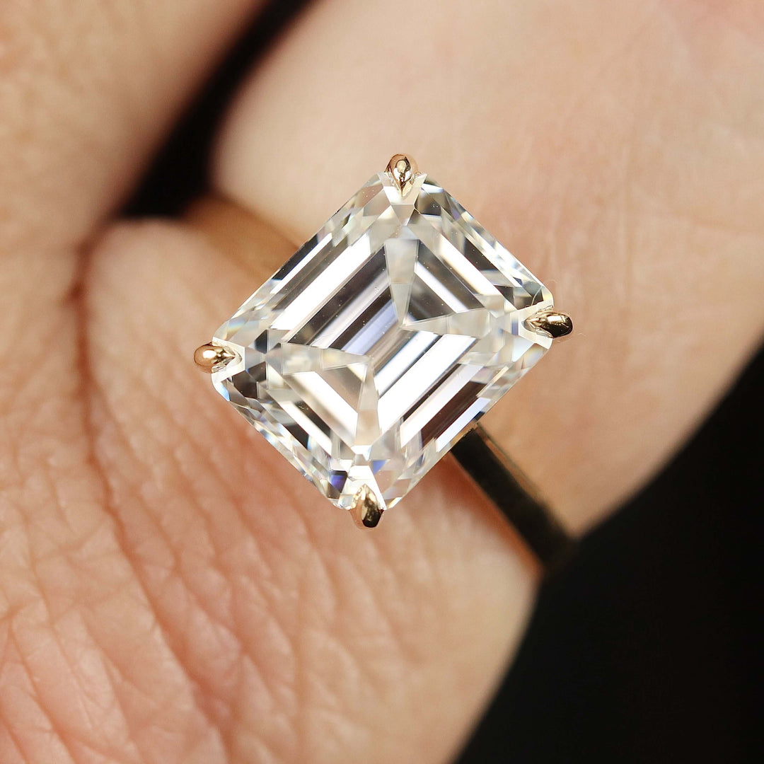 Emerald cut 5ct Moissanite solitaire ring in 14k yellow gold