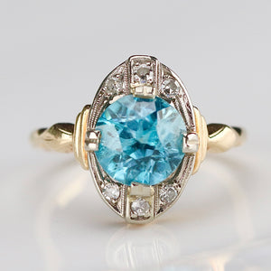 Vintage Blue zircon and diamond ring in yellow gold