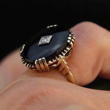 Load image into Gallery viewer, Large oval vintage black onyx and diamond ring in yellow gold ring