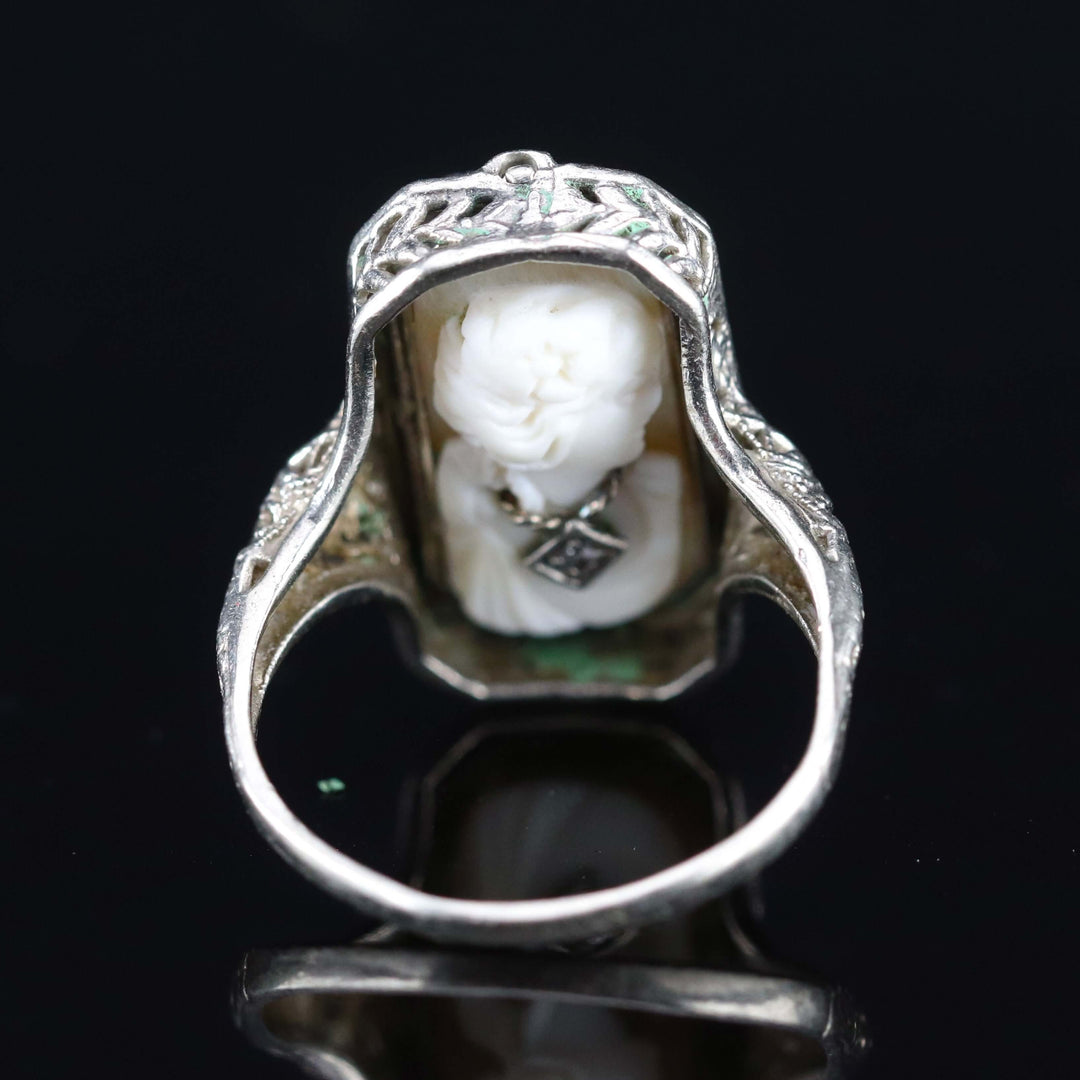 Vintage flip ring with onyx and cameo in 14k white gold