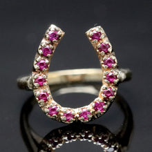 Load image into Gallery viewer, Vintage ring with synthetic rubies in a horseshoe shape in yellow gold