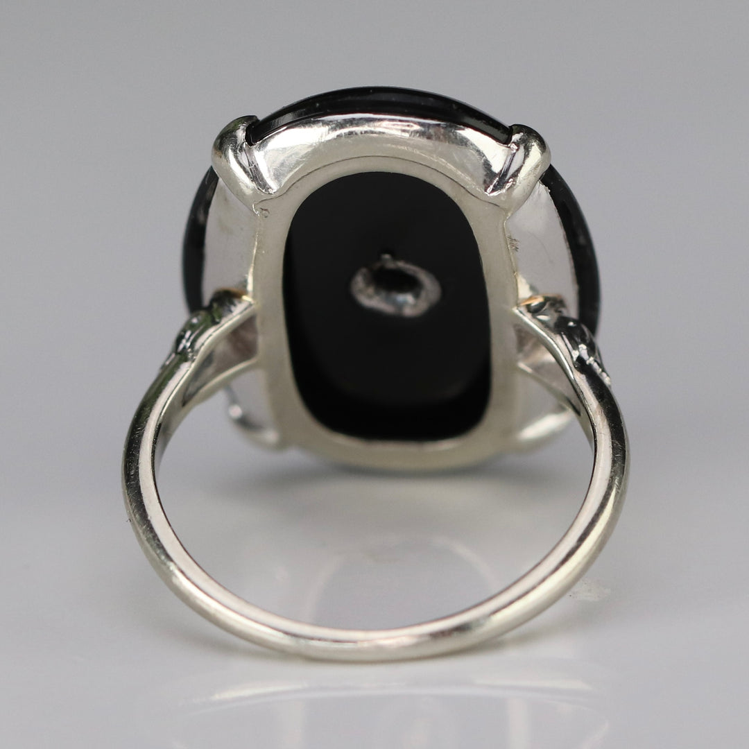 Vintage large Onyx cabochon & diamond ring in 14k white gold