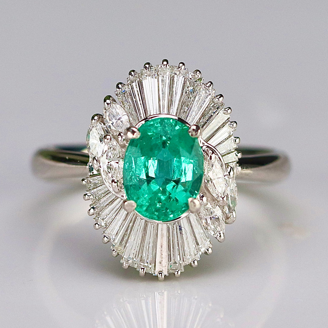 Estate Emerald and diamond ballerina style ring in platinum