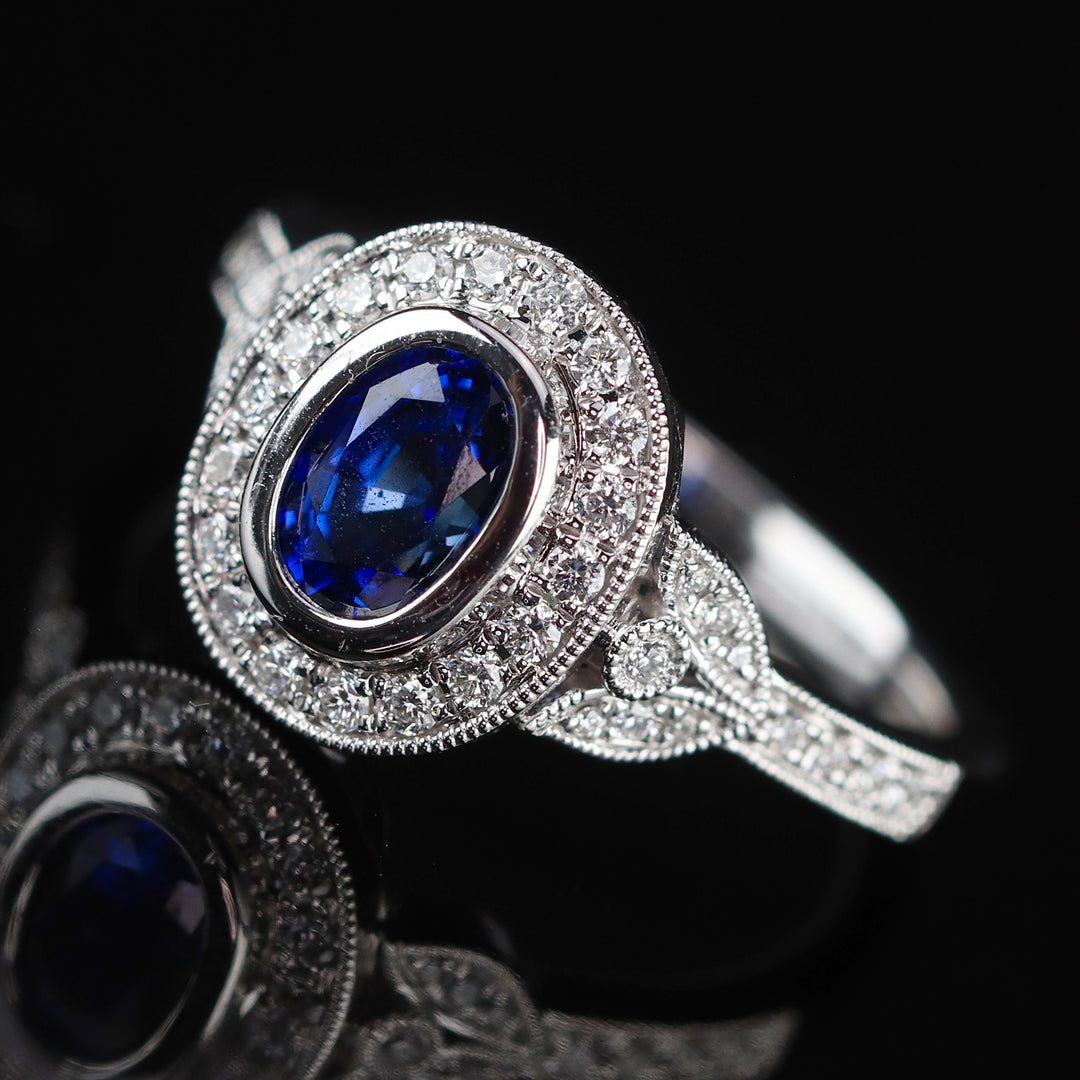 Sapphire and diamond ring in 14k white gold