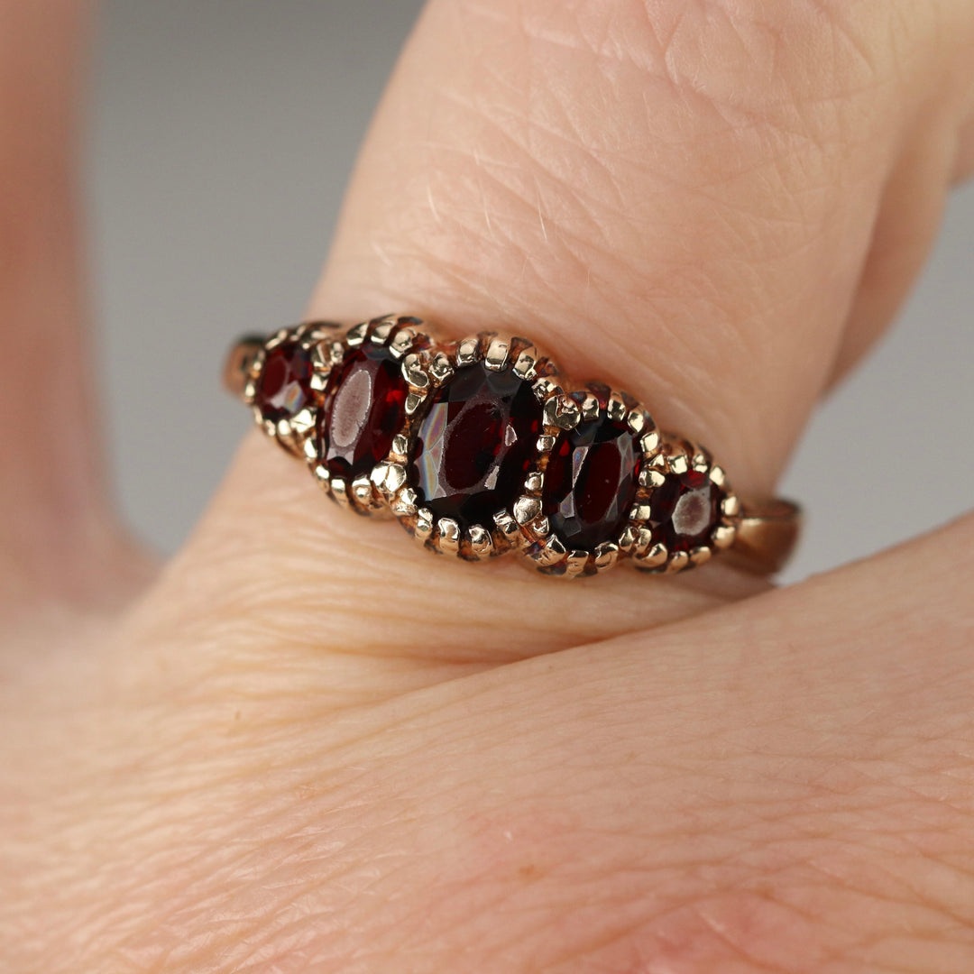 Vintage Garnet 5 stone band in yellow gold