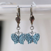 Load image into Gallery viewer, Sterling silver CZ blue butterfly drop earrings