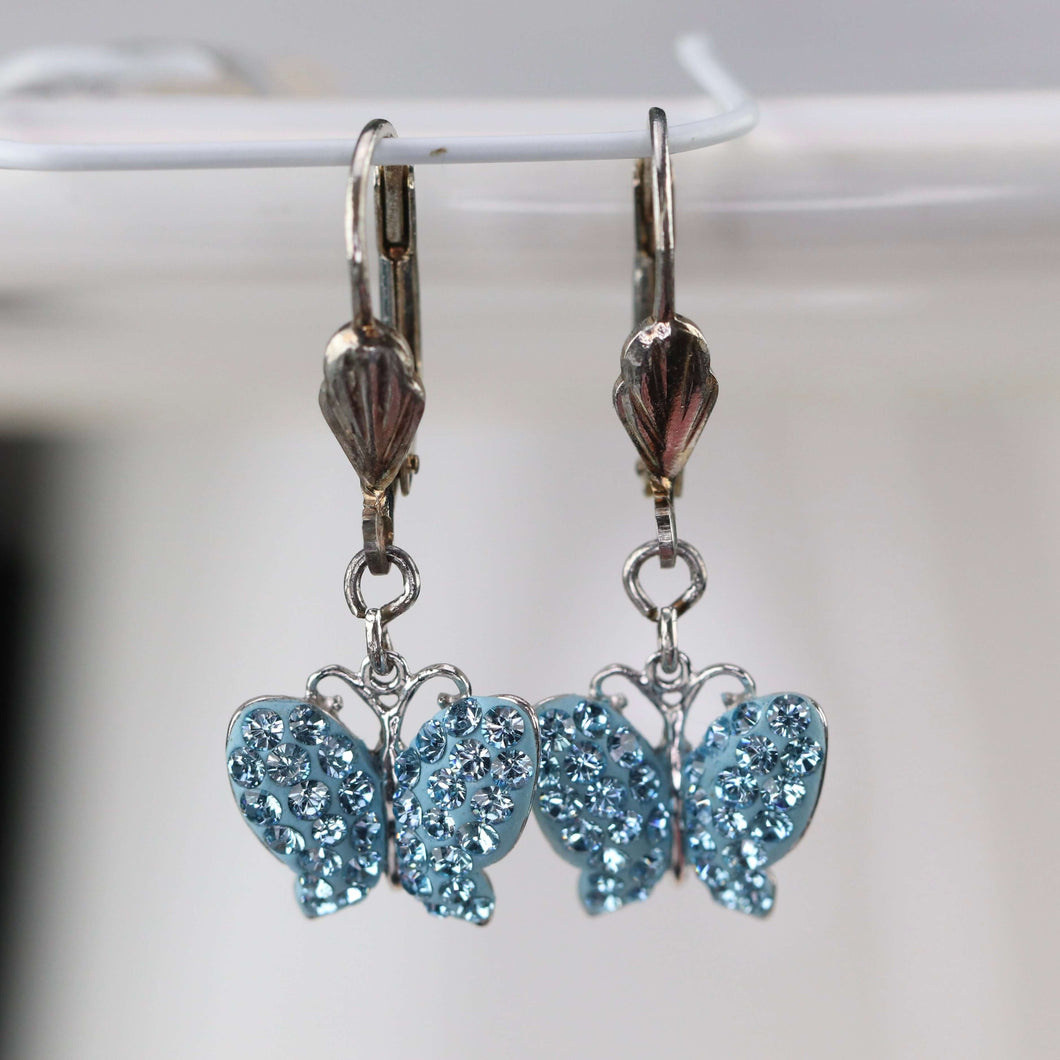 Sterling silver CZ blue butterfly drop earrings