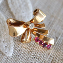 Load image into Gallery viewer, Mid century bow pin with diamond and lab grown rubies in 14 k yellow gold