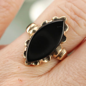 Vintage onyx navette ring in yellow gold