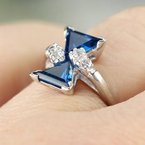 Vintage lab grown unusual blue and white spinel ring in white gold