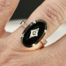 Load image into Gallery viewer, Oval onyx and diamond vintage ring in white gold from Manor Jewels