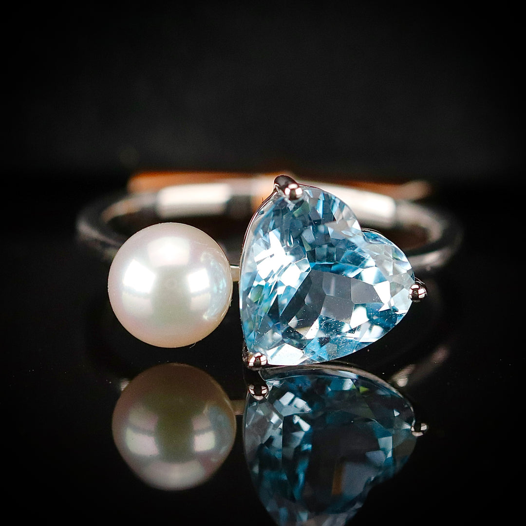 Blue topaz and pearl 2 stone ring in 14k white gold by Effy