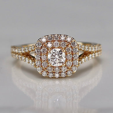 Double halo lab grown diamond ring in 14k yellow gold