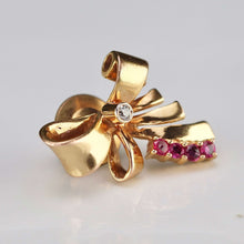 Load image into Gallery viewer, Mid century bow pin with diamond and lab grown rubies in 14 k yellow gold