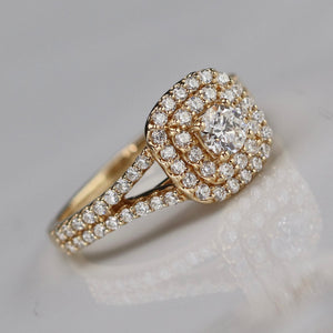 Double halo lab grown diamond ring in 14k yellow gold