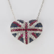 Load image into Gallery viewer, Union Jack heart sapphire, ruby &amp; Diamond necklace in 18k white gold