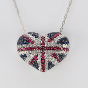 Union Jack heart sapphire, ruby & Diamond necklace in 18k white gold