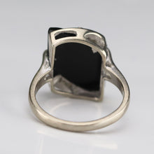 Load image into Gallery viewer, Fancy cut vintage onyx and diamond ring in white gold