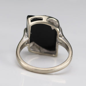 Fancy cut vintage onyx and diamond ring in white gold