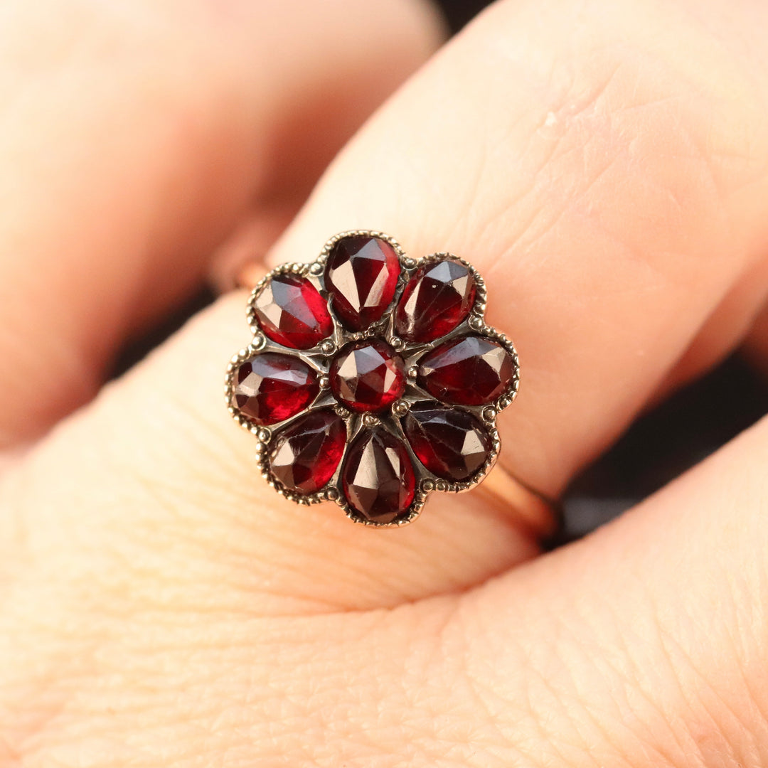 Vintage rose cut Garnet cluster ring in yellow gold