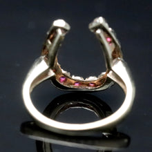 Load image into Gallery viewer, Vintage ring with synthetic rubies in a horseshoe shape in yellow gold